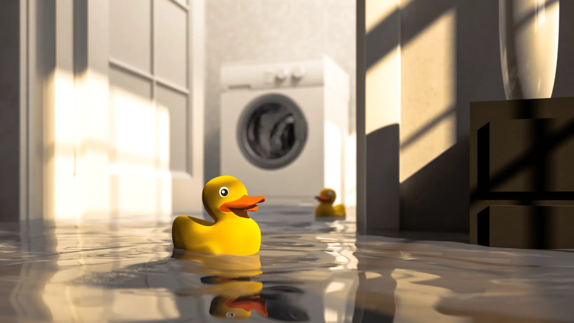 Rubber ducks floating in a flooded laundry room.