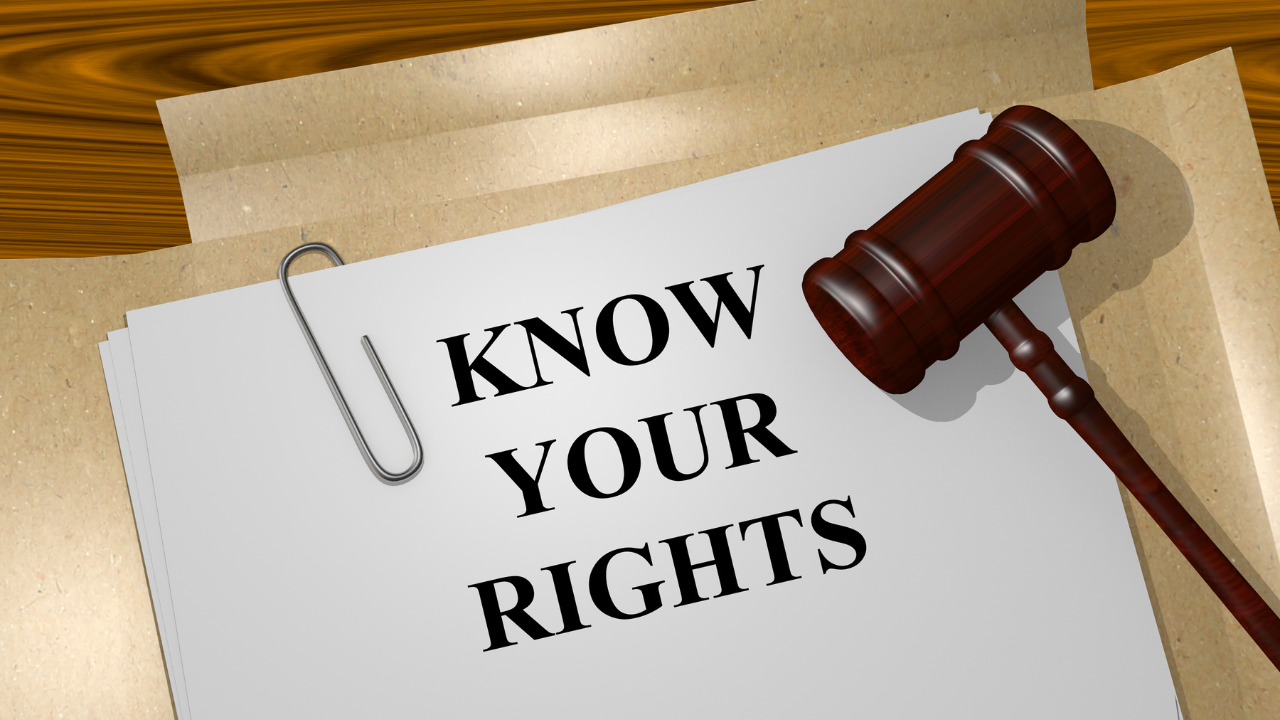 Gavel resting on a stack of documents with the top paper displaying the text "KNOW YOUR RIGHTS.